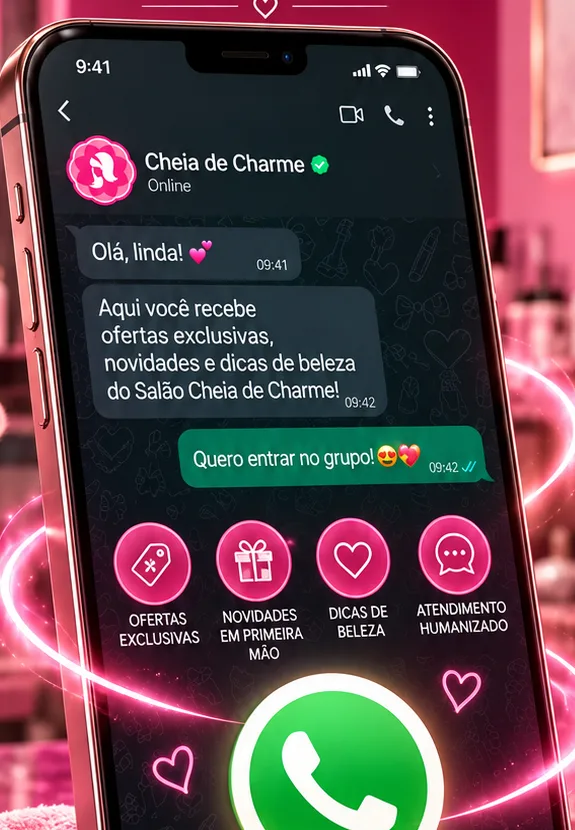 Celular com uma conversa de WhatsApp do Cheia de Charme